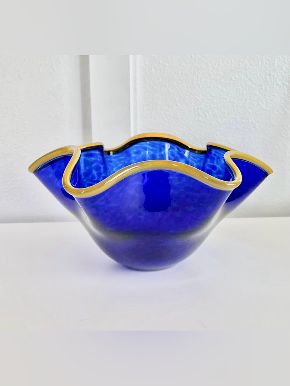 Cobalt Blue Art Glass Bowl Handkerchief Vase Wavy Rim Studio Glass Centerpiece